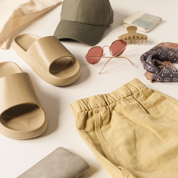 Neutrale, staubige beige Farbe, Damenmode, Kleidung und Accessoires für Sommerferien, Strandkälte, Mütze, Hausschuhe, Sonnenbrille, Haarspange, Shorts, Einkaufstasche auf weißem Hintergrund