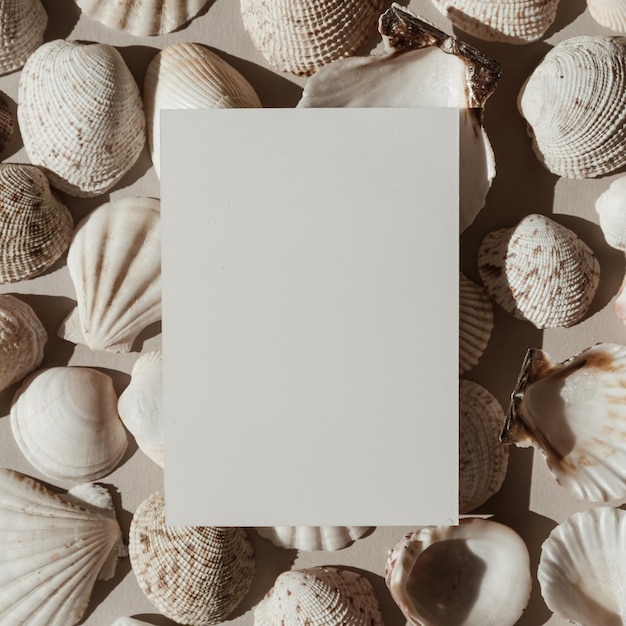 Neutraler beiger und weißer Muschelmusterhintergrund Leeres Papiereinladungskartenblatt mit leerem Mock-up-Kopierbereich Ästhetische minimalistische Blog-Social-Media-Vorlage