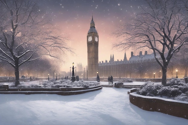 Nevando nos Jubilee Gardens em Londres ao entardecer Foto de Natal Inglaterra Inverno Neve