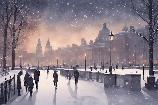 Nevando nos Jubilee Gardens em Londres ao entardecer Foto de Natal Londres