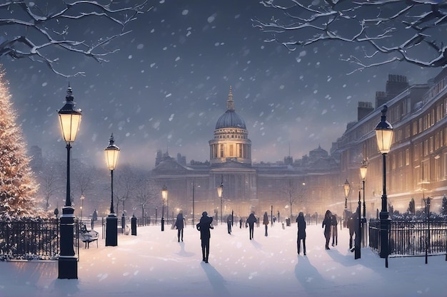 Nevando nos Jubilee Gardens em Londres ao entardecer Foto de Natal Londres