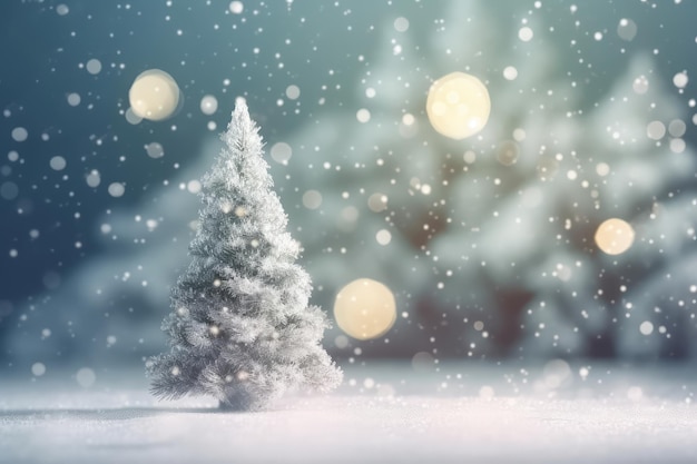 Neve branca com árvore de Natal desfocada e fundo bokeh brilhante AI