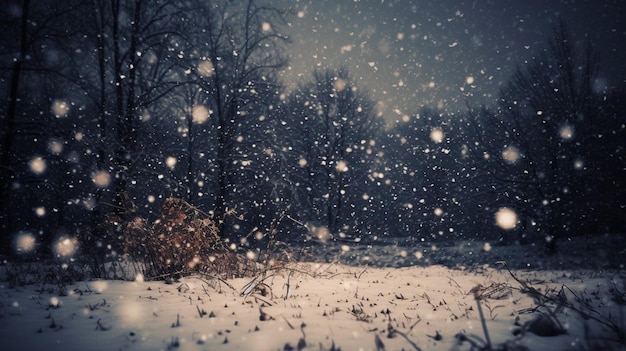 Neve caindo na floresta com um campo nevado e árvores ao fundo