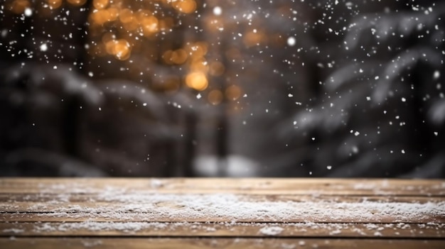 Neve caindo sobre uma mesa de madeira com fundo desfocado