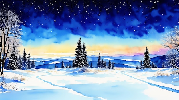 Neve cintilante sob o brilho de uma noite estrelada Uma imagem de paz e tranquilidade em uma paisagem de inverno Ilustração de aquarela gerada pela IA