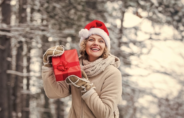 Neve coberta de natureza Roupa de inverno Ano novo Feliz Natal Dia de boxe Menina comemora o Natal Conceito de férias de inverno Presente de inverno Mulher roupas quentes Floresta nevada Atmosfera de dezembro