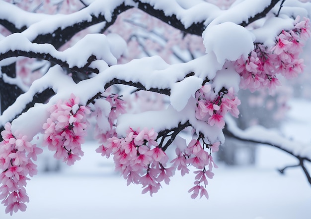 Neve cobre um galho de árvore com flores cor de rosa