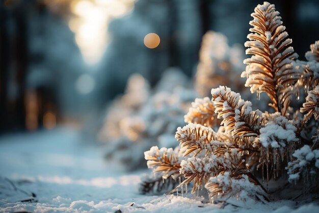 Neve em um galho de pinheiro com o sol brilhando Paisagem de inverno com neve Natal Ano Novo