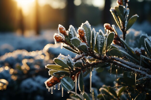 Neve em um galho de pinheiro com o sol brilhando Paisagem de inverno com neve Natal Ano Novo