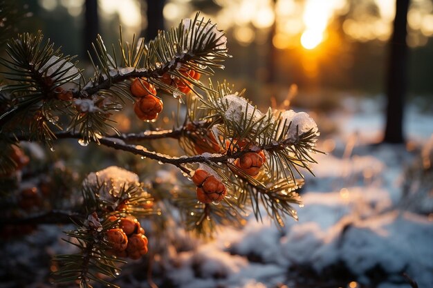 Neve em um galho de pinheiro com o sol brilhando Paisagem de inverno com neve Natal Ano Novo