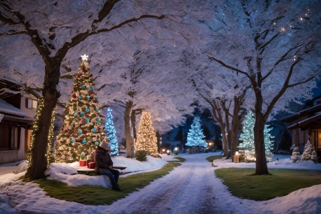 Neve em um parque de inverno na noite com o Natal