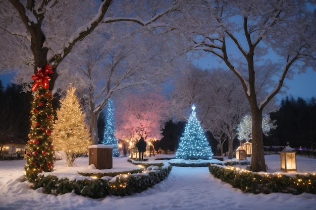 Neve em um parque de inverno na noite com o Natal