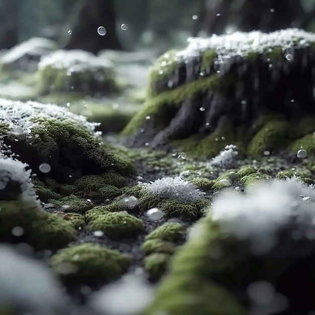 Neve em um toco de árvore e a neve está caindo no chão.