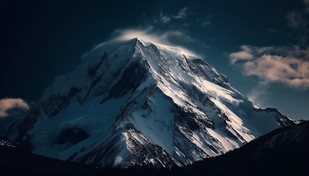 Neve majestosa no pico da montanha e pôr do sol panorâmico gerado por IA