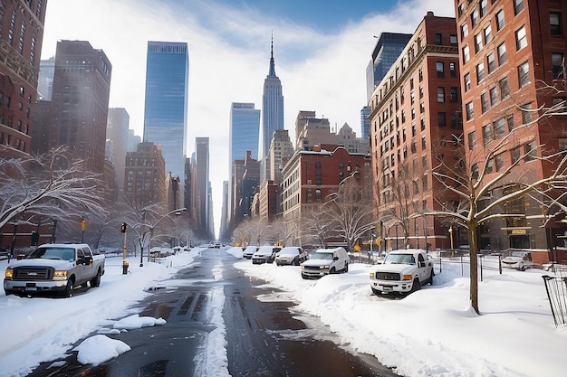 Neve na cidade de Nova York imagem fantástica horizonte com arranha-céus urbanos em Manhattan EUA