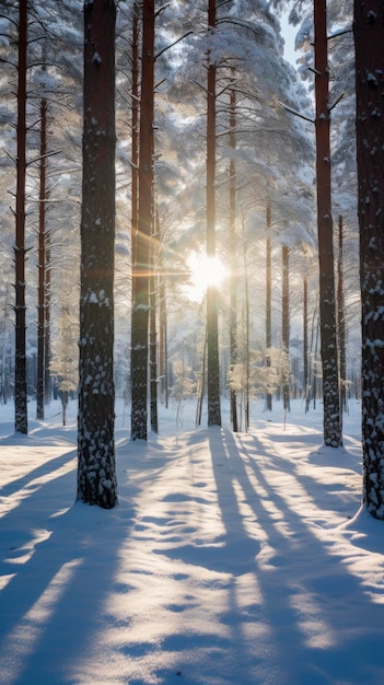 Neve na floresta de coníferas de inverno perto de dia brilhante raios de sol quebrando árvores