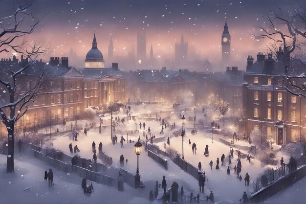 Neve nos Jardins Jubilee, em Londres, ao anoitecer. Foto de Natal.