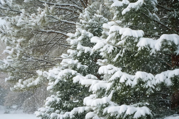 Neve recém-caída em árvores perenes em um país de maravilhas de inverno Uma cena de inverno serena onde árvores sempre-verdes são adornadas com neve recém- caída