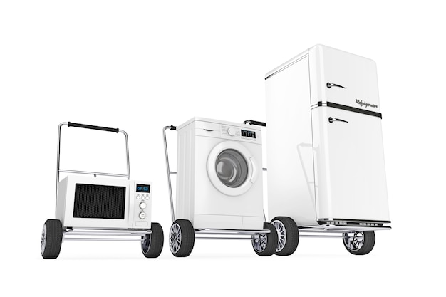 Nevera, lavadora y horno microondas sobre carros de mano sobre un fondo blanco. Representación 3D