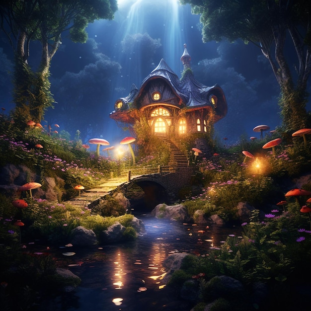 Foto neverland por la noche con una casa un río y animales