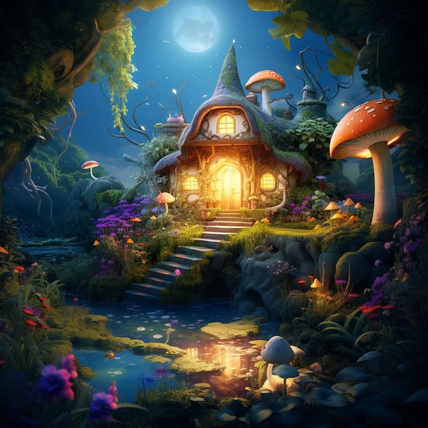 Foto neverland por la noche con una casa un río y animales