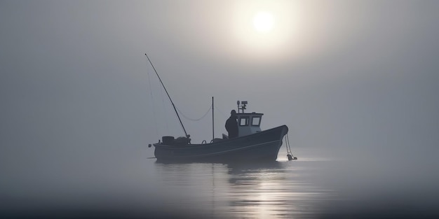 Névoa da manhã no oceano Um barco de pesca ao nascer do sol