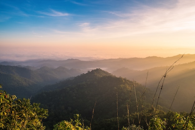 Névoa de montanha suave manhã cênica do nascer do sol