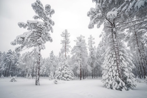 Névoa densa na floresta fria de inverno sem folhas e neve branca na casca de árvores gerada por IA