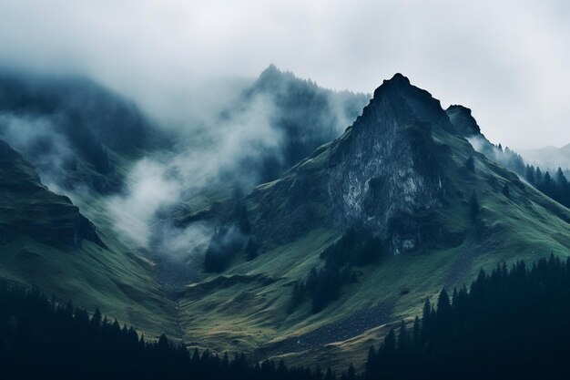 Névoa e nuvens escuras nas montanhas