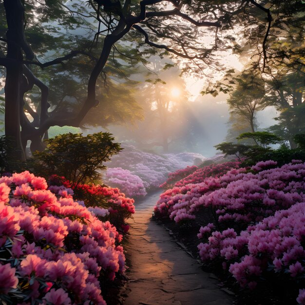 Foto névoa matinal e esplendor colorido uma visão sonhada de um jardim de azaleas em plena floração