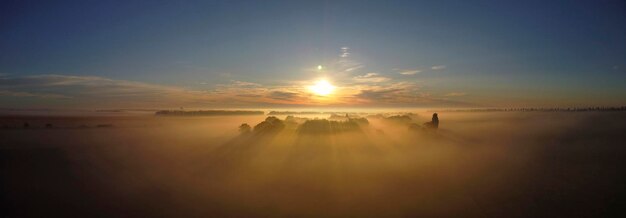 Névoa matinal e luz solar iluminando a nata das árvores Tiro panorâmico da vista da natureza rural do drone