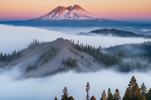 Névoa matinal na montanha no vulcão Lassen