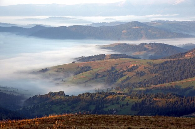 Névoa matinal nas montanhas