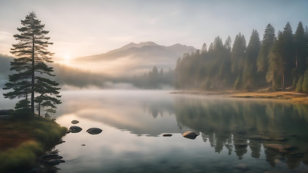 Névoa matinal no lago de montanha natureza calma floresta fundo viagem de verão foto ao ar livre