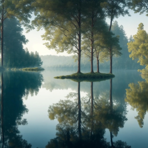 Névoa matinal sobre o lago com árvores refletidas na água Composição da natureza