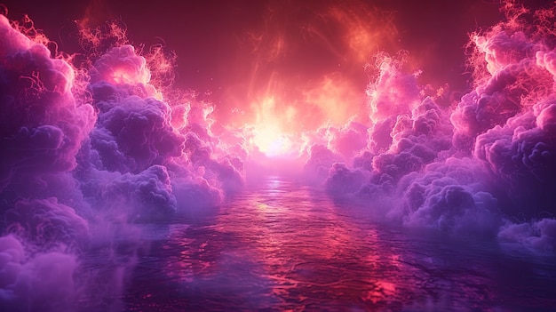 Névoa mística e explosão de fogo numa paisagem púrpura surrealista