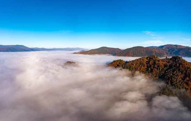 Nevoeiro entre picos de altas montanhas de outono com florestas
