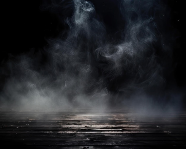 Nevoeiro na escuridão, fumaça e névoa na mesa de madeira abstrata e desfocada no cenário de Halloween