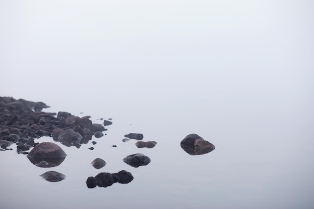 Nevoeiro no lago. Água da natureza da manhã e névoa branca.