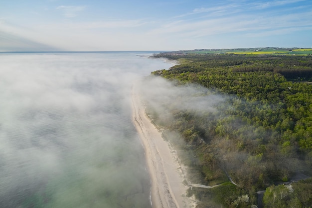 nevoeiro sobre o oceano atingindo a costa na dinamarca