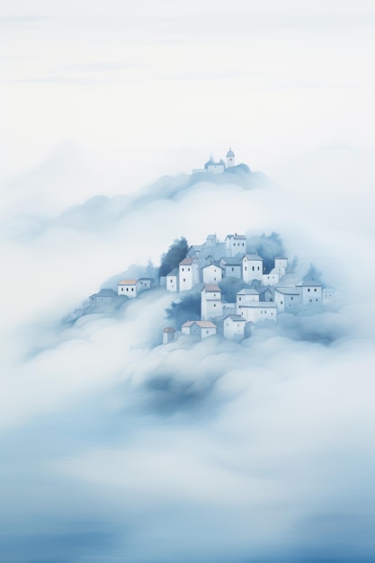 nevoeiro sobre uma colina com casas no topo no estilo de índigo claro e paisagens cianas claras