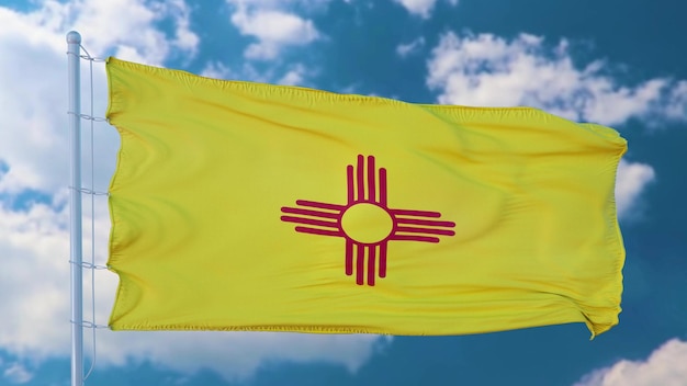 New Mexico Flagge auf einem Fahnenmast weht im Wind blauer Himmel Hintergrund 3D-Darstellung