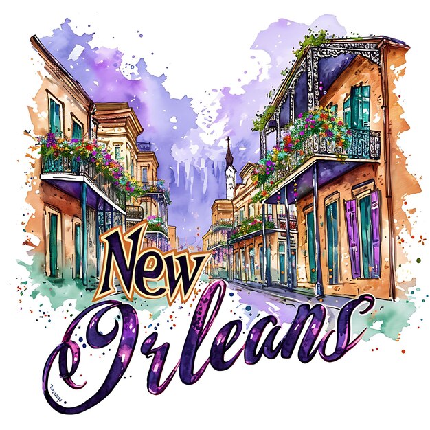 New Orleans-Text mit kunstvoller und vom Jazz inspirierter Typografie De Watercolour Lanscape Arts Collection