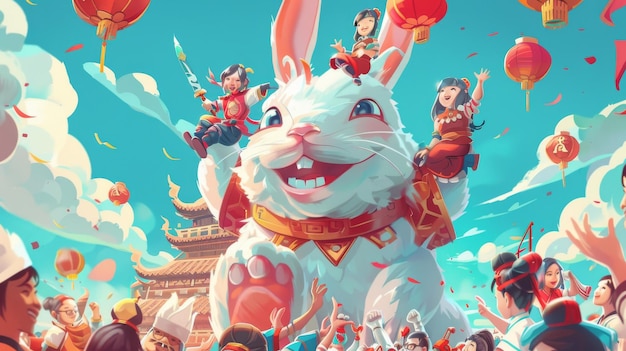 New Year39s Illustration eines riesigen weißen Kaninchen, der die Menschen während des chinesischen Neujahrsfestes auf der Oberseite begrüßt