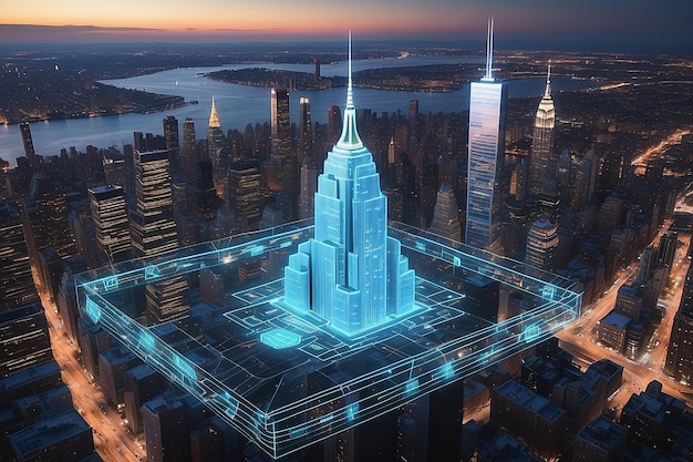 New Yorker Stadtgebäude Cybersicherheit Hologramm und Schließkreis Privatsphäre