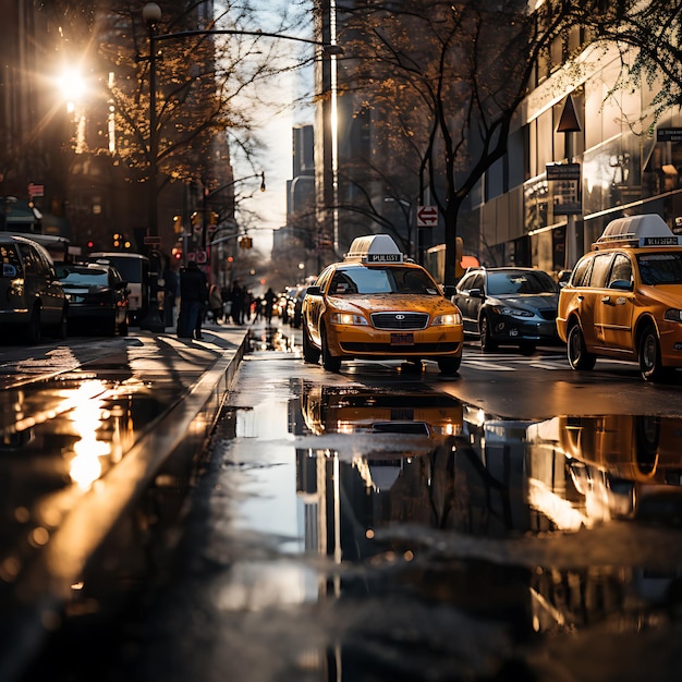 New Yorker Taxis verschwimmen an einem sonnigen Tag in New York, der vorbeirast