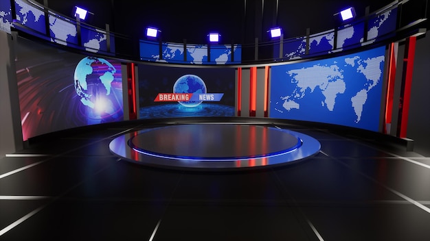 News Studio, Hintergrund für TV-Sendungen .TV On Wall.3D Virtual News Studio Hintergrund, 3D-Illustration