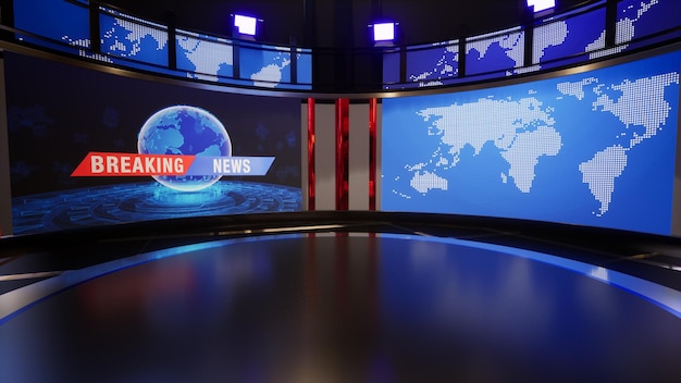 News Studio, Hintergrund für TV-Sendungen .TV On Wall.3D Virtual News Studio Hintergrund, 3D-Illustration