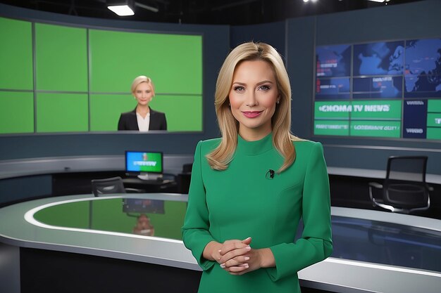 Foto newsroom tv studio live news programm kaukasische weibliche moderatorin berichterstattung grüner bildschirm chroma schlüsselbildschirm bild