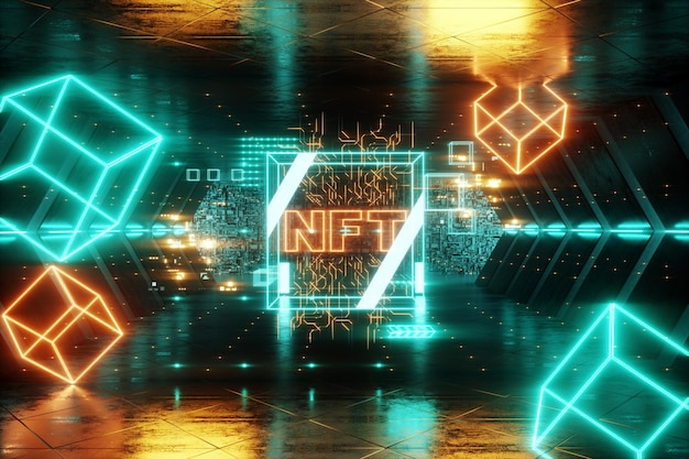 NFT Digital Art, Non-Fungible Token, Blockchain-Technologie. Kryptografischer Datenblock, Sammeln, Einzelstücke. Nicht fungibles kryptografisches Token. 3D-Rendering, 3D-Darstellung. Platz kopieren.